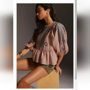 Anthropologie Pink and Blue Paisley Peplum Blouse, Small